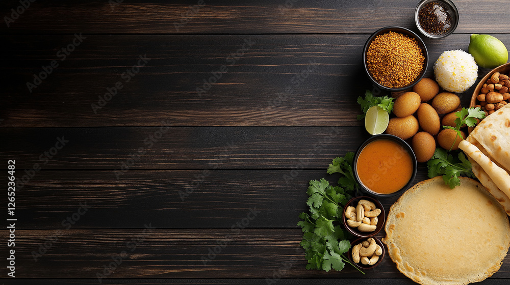 A rustic wooden background enhances the vibrant colors of a South Indian breakfast spread, including uttapam topped with fresh vegetables, golden crispy vadas, idlis coated with sp A rustic wooden background enhances the vibrant colors of a South Indian breakfast spread, including uttapam topped with fresh vegetables, golden crispy vadas, idlis coated with sp