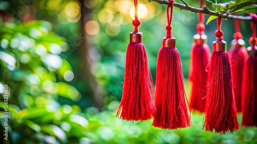 Wallpaper Mural Vibrant Red Tassels Hanging in Lush Green Foliage - Vintage Photography Torontodigital.ca