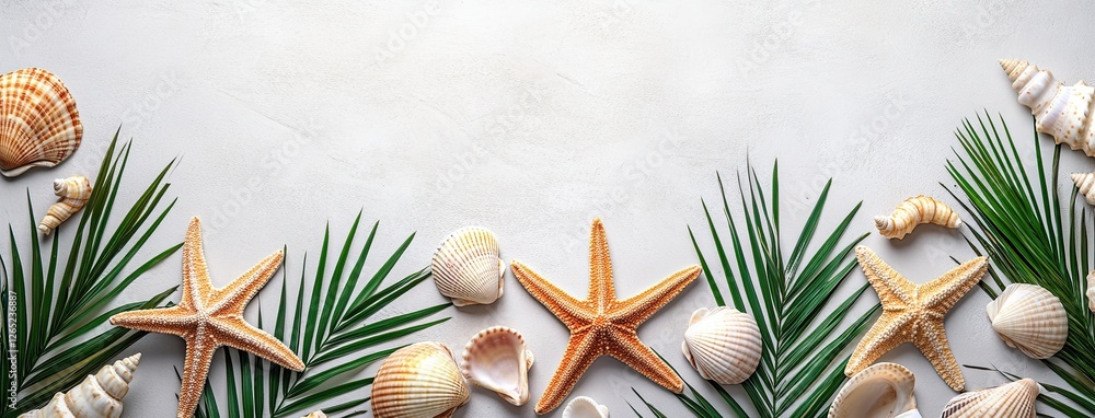 An aerial perspective of a summer motif with starfish and seashells displayed in a flat lay format An aerial perspective of a summer motif with starfish and seashells displayed in a flat lay format