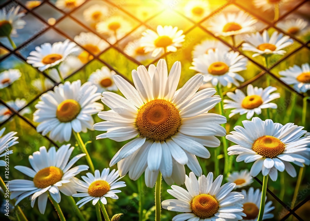 Fototapeta premium Vibrant Spring Meadow: Daisies in Geometric Fields