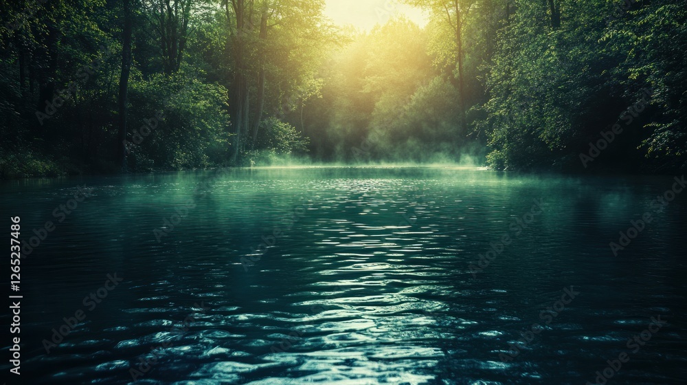 Naklejka premium Sunlit Forest River, Calm Water, Misty Morning, Tranquil Scenery
