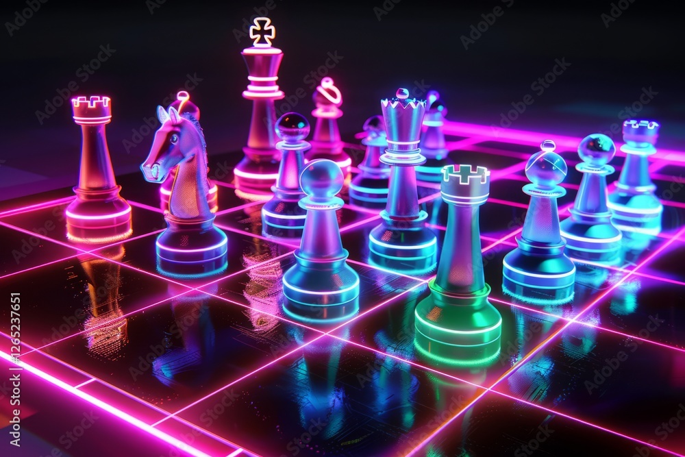 Glass chess pieces are standing on a chessboard with neon pink and blue lights reflecting on the surface, creating a futuristic and strategic atmosphere
Glass chess pieces are standing on a chessboard with neon pink and blue lights reflecting on the surface, creating a futuristic and strategic atmosphere