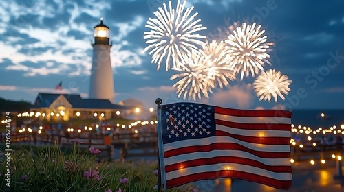 Fireworks celebration over lighthouse with american flag displayed coastal waterfront holiday event festive nighttime atmosphere scenic viewpoint patriotic spirit photo