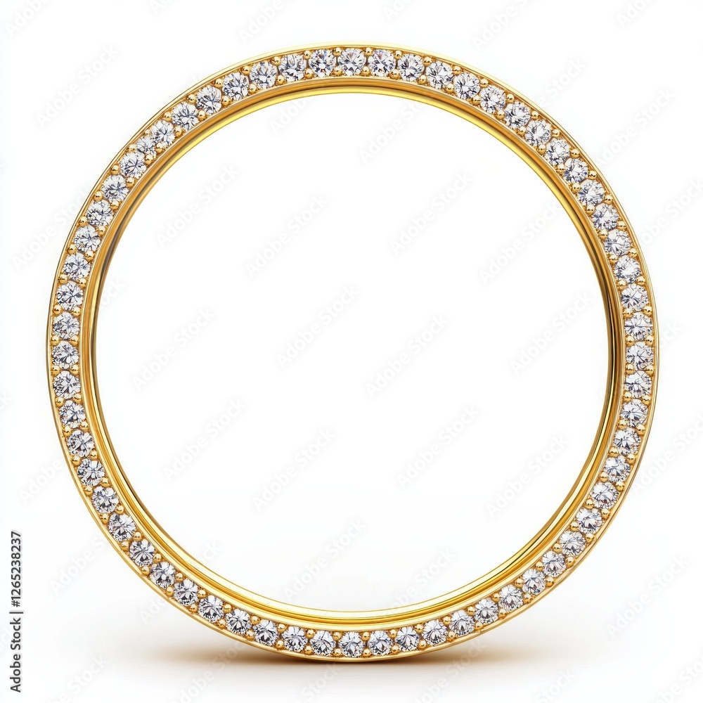 Elegant gold circular frame with sparkling diamonds on white background Elegant gold circular frame with sparkling diamonds on white background