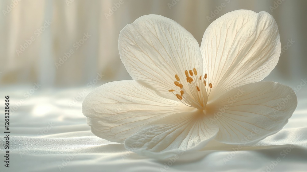 Fototapeta premium Delicate white flower, soft light, elegant fabric.