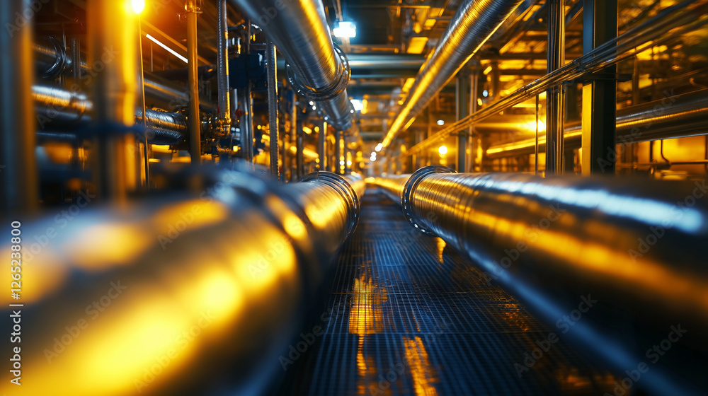 A detailed shot of thick insulated pipelines stretching across an industrial heating plant, highlighted by dim yellow lighting and reflections on the metallic surfaces. A detailed shot of thick insulated pipelines stretching across an industrial heating plant, highlighted by dim yellow lighting and reflections on the metallic surfaces.