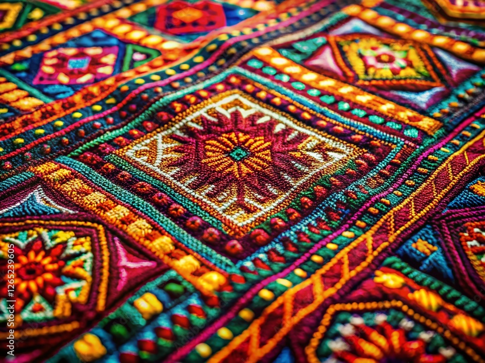 Vibrant Tribal Textile: Colorful Religious Pattern, High-Resolution Stock Photo Vibrant Tribal Textile: Colorful Religious Pattern, High-Resolution Stock Photo