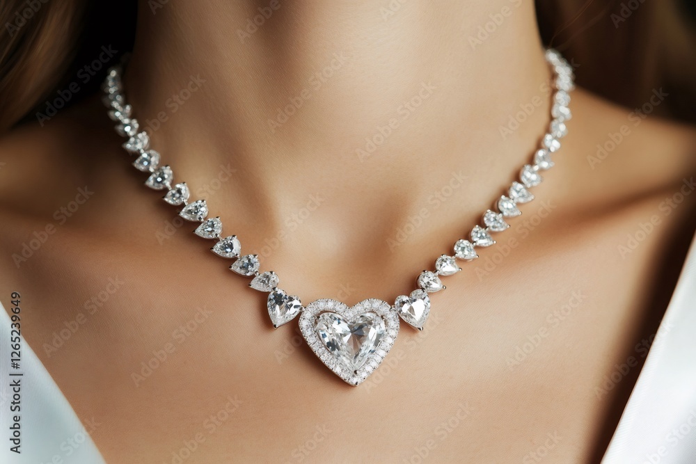 Close up of a diamond necklace with a heart shaped pendant, showcasing luxury and elegance Close up of a diamond necklace with a heart shaped pendant, showcasing luxury and elegance