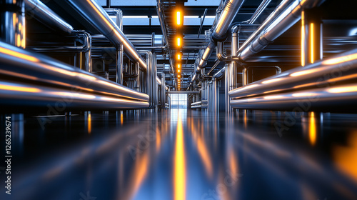A futuristic, ultra-clean heating plant interior with reflective steel pipes arranged symmetrically, creating a high-tech industrial aesthetic.