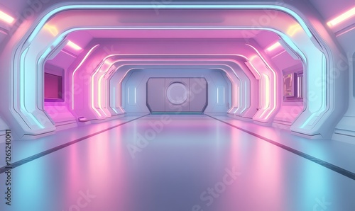 Futuristic neon tunnel interior, empty space, 3D rendering,  possible use for product display or gaming background photo