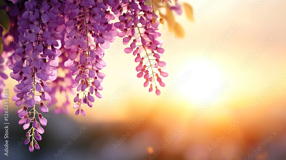 Obraz premium A beautiful display of purple wisteria flowers at sunset, showcasing vibrant colors and nature's elegance.