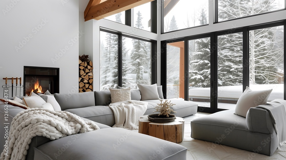 Fototapeta premium A cozy cabin-style space with a soft gray wool sofa, roaring fireplace, and chunky knit blankets. Rustic beams and snowy forest views complete the winter retreat.