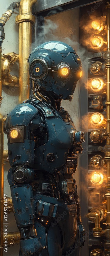 Fototapeta premium Steampunk robot stands near glowing pipes