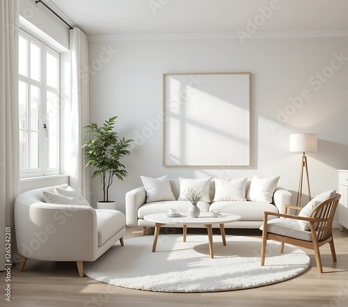 Wallpaper Mural Frame mockup, ISO A paper size. Living room wall poster mockup. Interior mockup with house background. Modern interior design. 3D render Torontodigital.ca