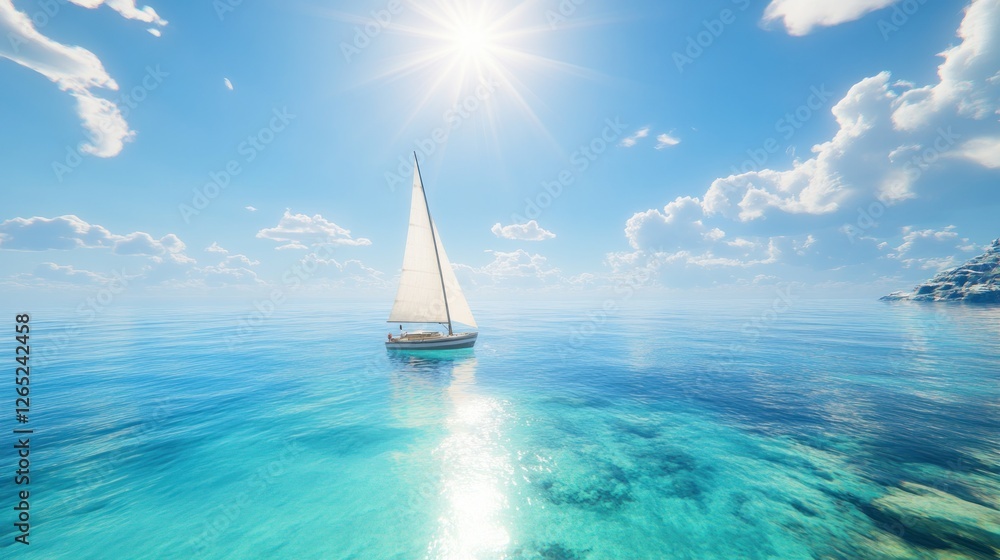 Fototapeta premium Sailboat sunny ocean, island background, travel