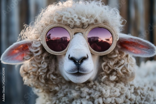 Close up of a sheep wearing fashionable round sunglasses with pink lenses, showcasing a trendy and humorous style photo