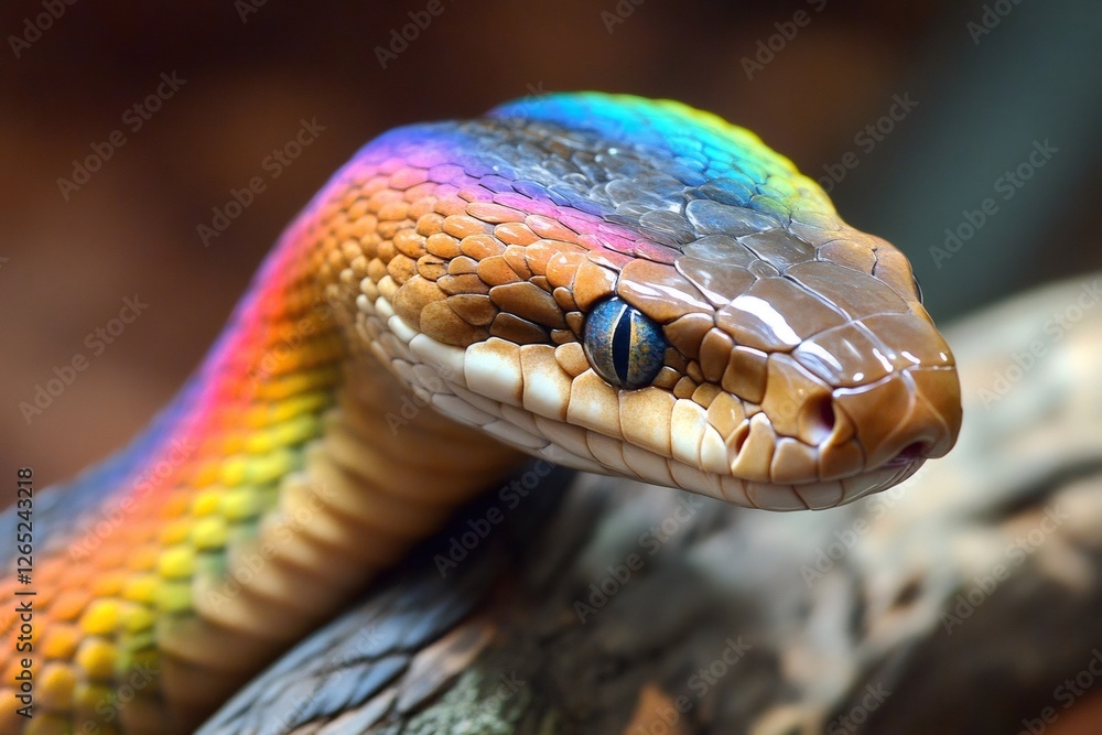 Fototapeta premium Close up of a snake with vibrant rainbow colored skin resting on a branch, showcasing the beauty and diversity of wildlife