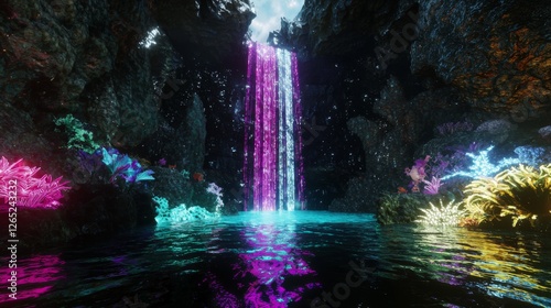 Wallpaper Mural Enchanting Waterfall Surrounded by Luminous Flora in a Mystical Cave Environment Reflecting Vibrant Colors and Light Torontodigital.ca