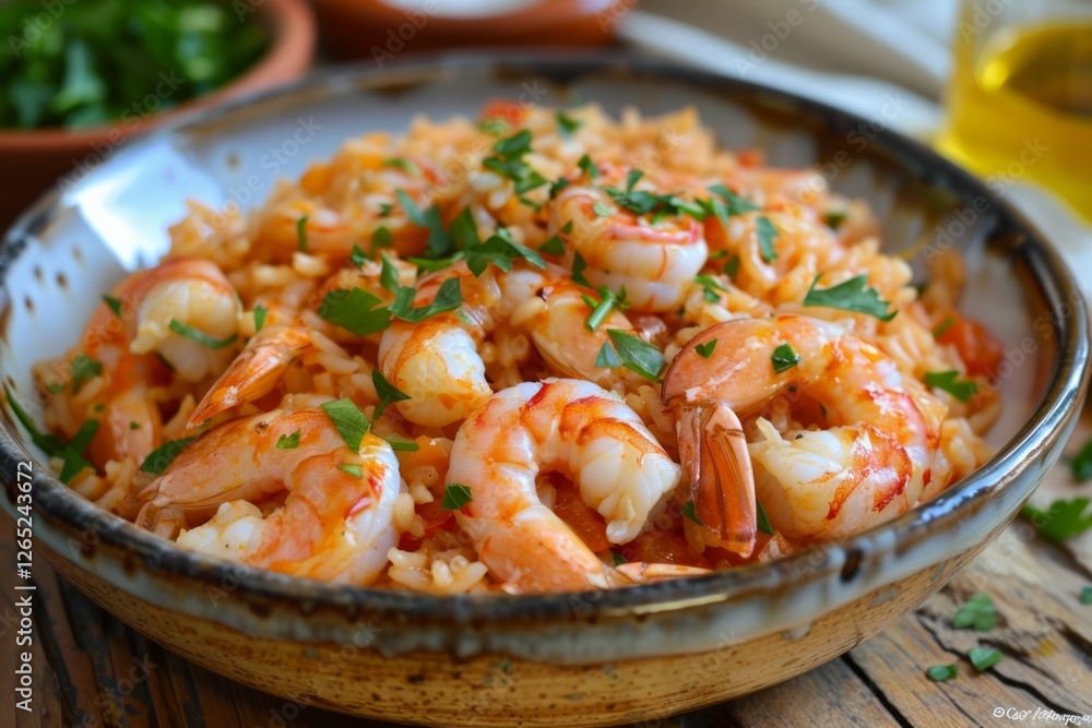 Rustic shrimp paella in clay pot on wooden table. AI generated Rustic shrimp paella in clay pot on wooden table. AI generated