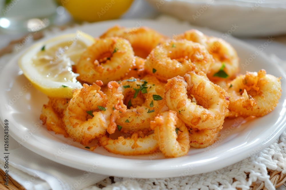 Crispy fried calamari with lemon garnish. AI generated Crispy fried calamari with lemon garnish. AI generated