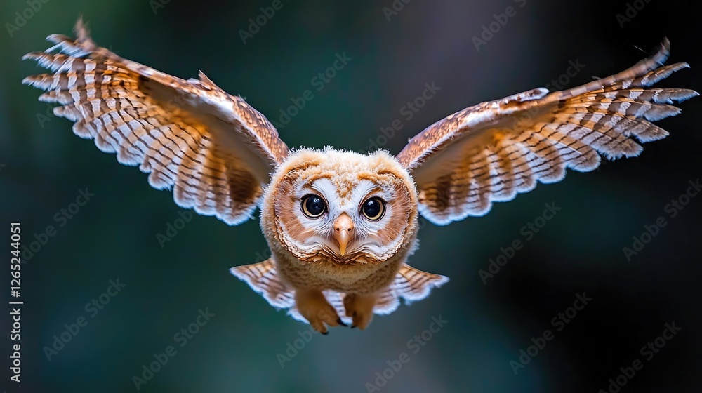 Fototapeta premium Tawny owl flying directly towards the camera with wings spread wide in a dark forest.