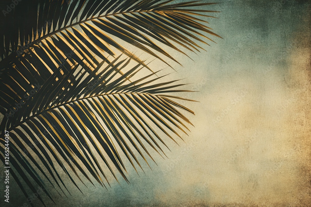 Obraz premium A tropical palm tree in front of an abstract background of a blue sky with clouds, illustrating the theme of summer vacation and nature travel adventures