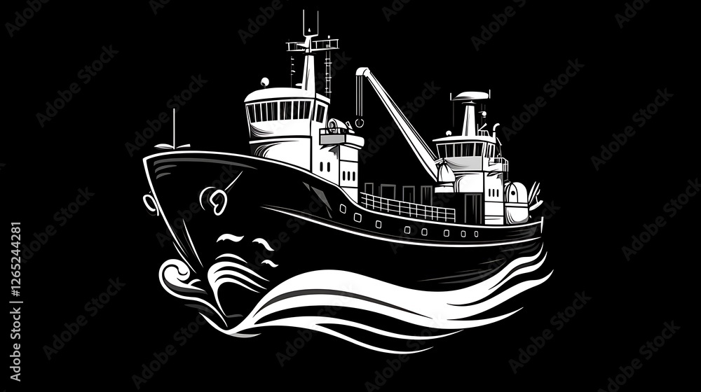 Obraz premium Fishing Trawler at Sea: A Bold Black and White Illustration AI Generated