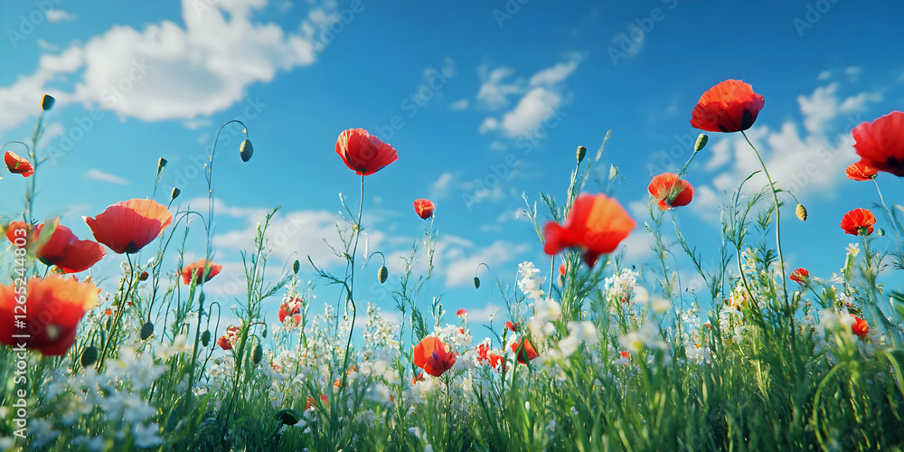 Obraz premium Field of Red Poppies Under a Blue Sky, ai generated.