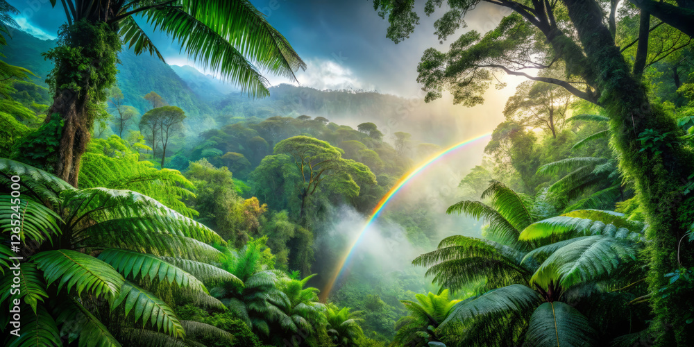 Majestic rainforest canopy envelops misty surroundings with vibrant greenery Majestic rainforest canopy envelops misty surroundings with vibrant greenery