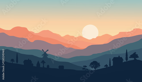 flat vector nature landscape with simple countryside silhouette and sunset