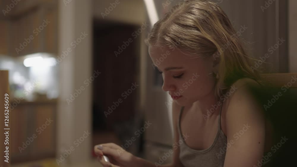 A young woman with blonde hair is eating a meal with a spoon at home. She is enjoying her food in a cozy kitchen setting, focused on her meal. A young woman with blonde hair is eating a meal with a spoon at home. She is enjoying her food in a cozy kitchen setting, focused on her meal.