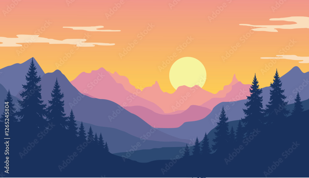Obraz premium flat vector nature scenery with pine forest silhouette and simple sunset