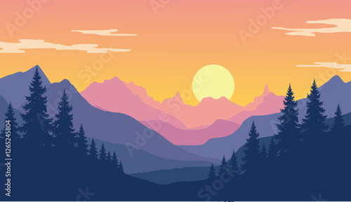 flat vector nature scenery with pine forest silhouette and simple sunset