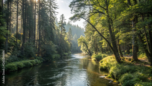 Serene River in Redwood Forest: Sunlight streams through towering redwood trees, illuminating a tranquil river flowing gently through a lush forest.  The scene evokes a sense of peace and serenity. 