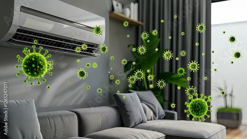 Discussing how air conditioning can affect indoor air quality and health by spreading airborne particles in a contemporary living space