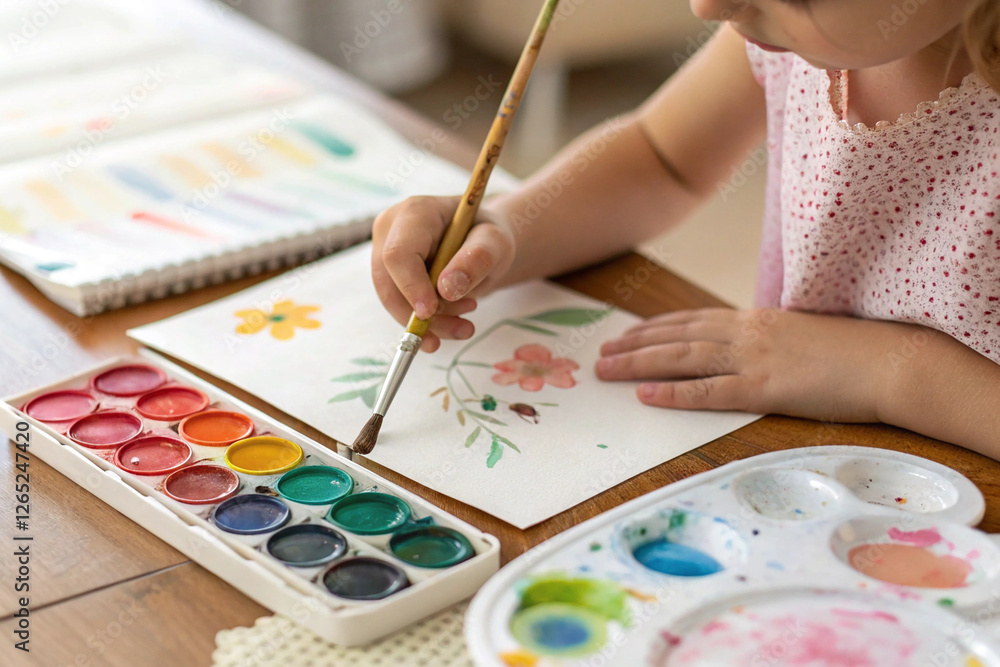 Naklejka premium A Child's Imagination: A young girl, immersed in her creativity, paints a beautiful flower on a sheet of paper using vibrant watercolor paints.