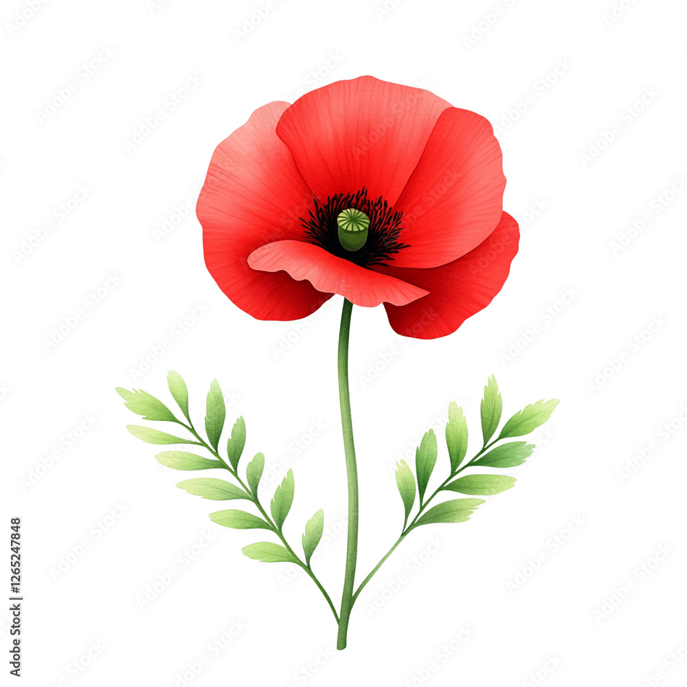 Vibrant red poppy flower with green leaves. Vibrant red poppy flower with green leaves.