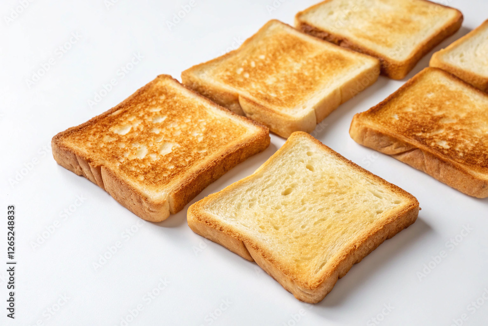 Golden Toast, Closeup: Six slices of golden-brown toasted bread, perfectly crisp and inviting, arranged in a staggered pattern on a neutral background. Golden Toast, Closeup: Six slices of golden-brown toasted bread, perfectly crisp and inviting, arranged in a staggered pattern on a neutral background.