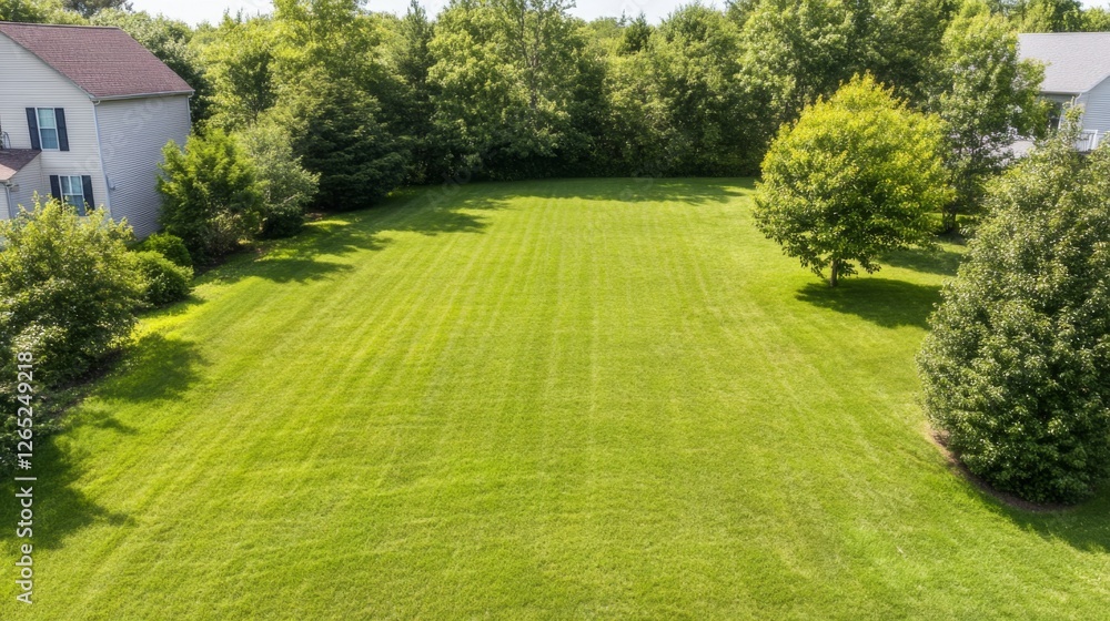 Empty suburban lot, manicured lawn, residential homes, background. Ideal for real estate, landscaping, or general residential use
