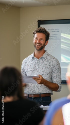 Engaging presentation in classroom setting with a smiling speaker during a workshop. Generative AI