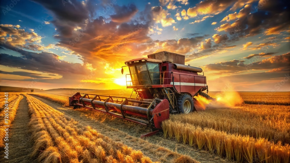 Fototapeta premium Vintage Combine Harvester Harvesting Wheat Field, Rural Landscape Photography