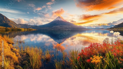 Majestic Volcano Sunset Reflection on Serene Lake