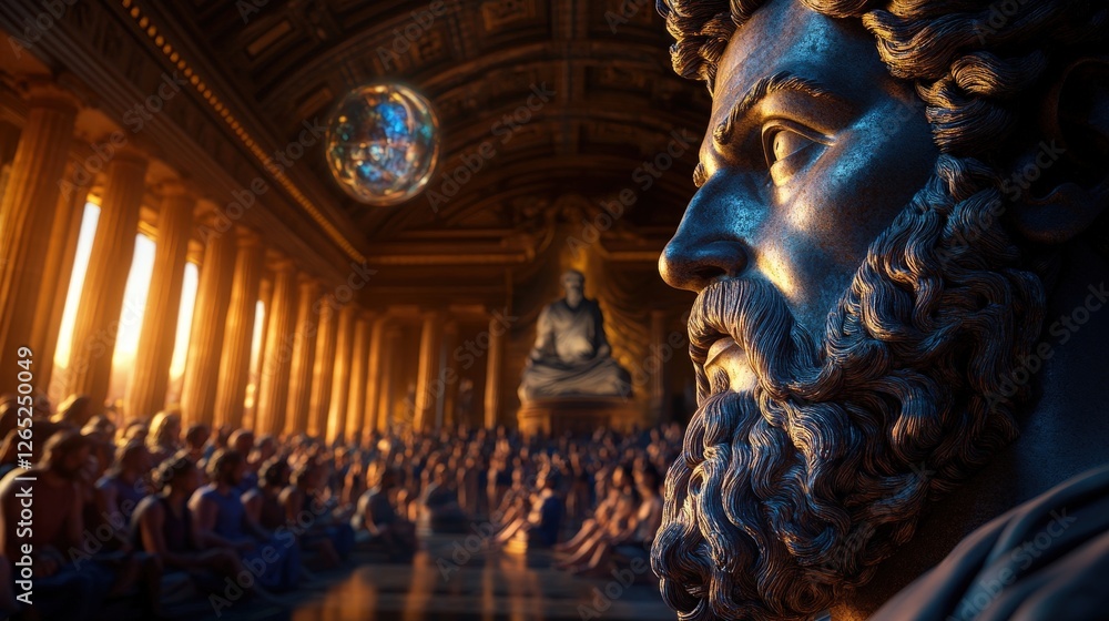 Fototapeta premium A bronze statue of a wise figure gazes over an audience in an opulent hall, illuminated by warm sunlight and rich architectural details, suggesting a sense of wisdom and legacy.