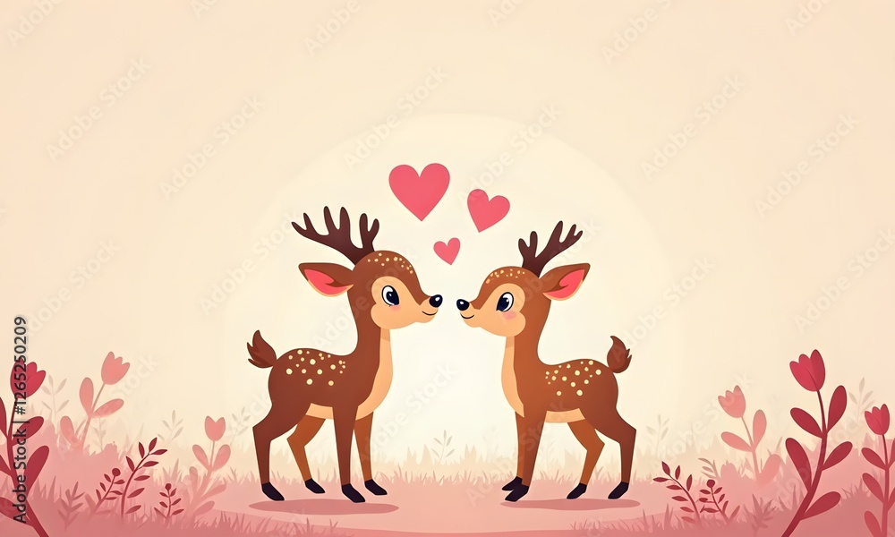 Naklejka premium Two loving deers sharing romantic moment in blooming pink meadow