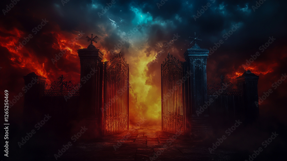 Fototapeta premium A dramatic representation of the contrasting gates of Heaven and Hell