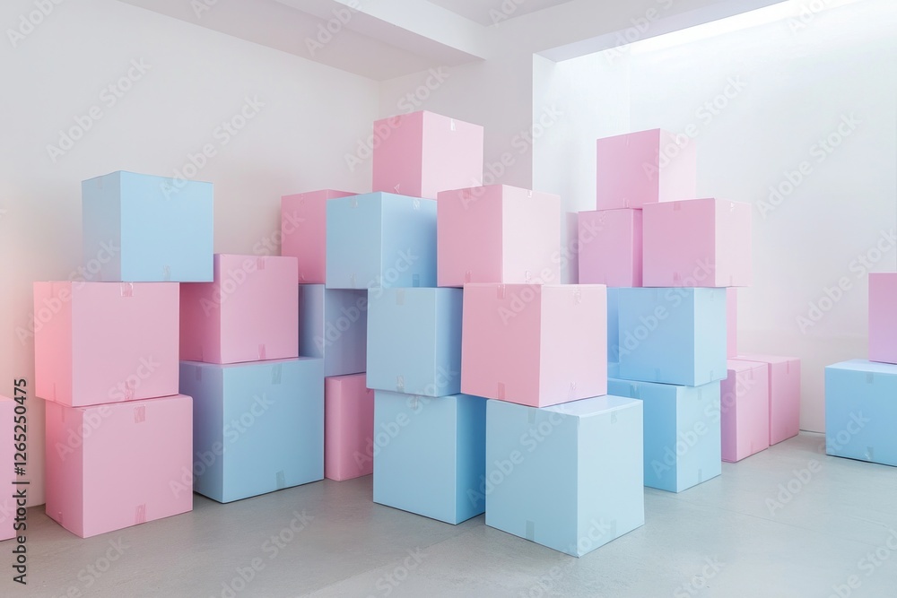 Obraz premium A room full of stacked pastel pink and blue boxes. The scene is set in an empty white space, with soft lighting creating gentle shadows on the walls and floor. 