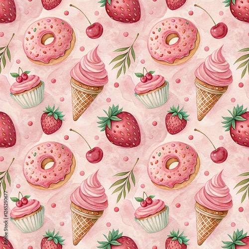 Seamless Pink Dessert Pattern with Ice Cream and Fruits