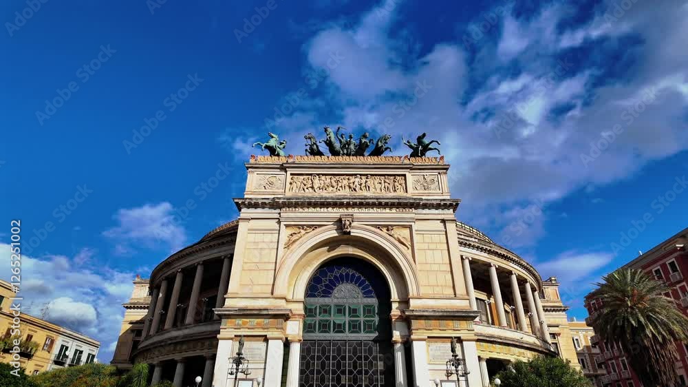 Low-angle view of Teatro Politeama Garibaldi in Palermo, Sicily, highlighting its neoclassical architecture, intricate facade, and iconic bronze chariot sculpture under a vibrant blue sky. Low-angle view of Teatro Politeama Garibaldi in Palermo, Sicily, highlighting its neoclassical architecture, intricate facade, and iconic bronze chariot sculpture under a vibrant blue sky.