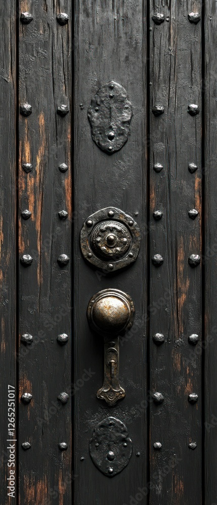 Fototapeta premium Dark wood door with ornate metal hardware