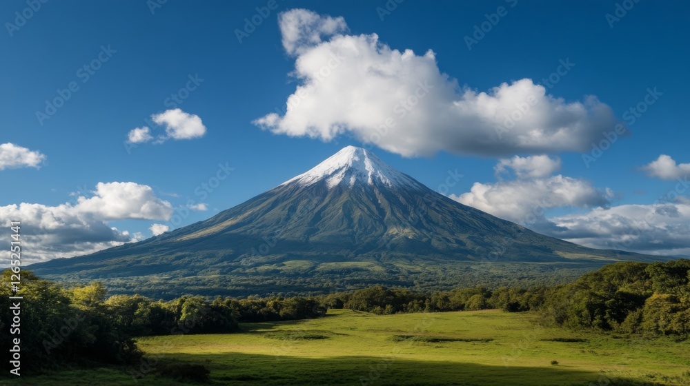 Majestic Volcano under Blue Sky, Lush Field, Calming Nature Scene, Travel Poster Majestic Volcano under Blue Sky, Lush Field, Calming Nature Scene, Travel Poster